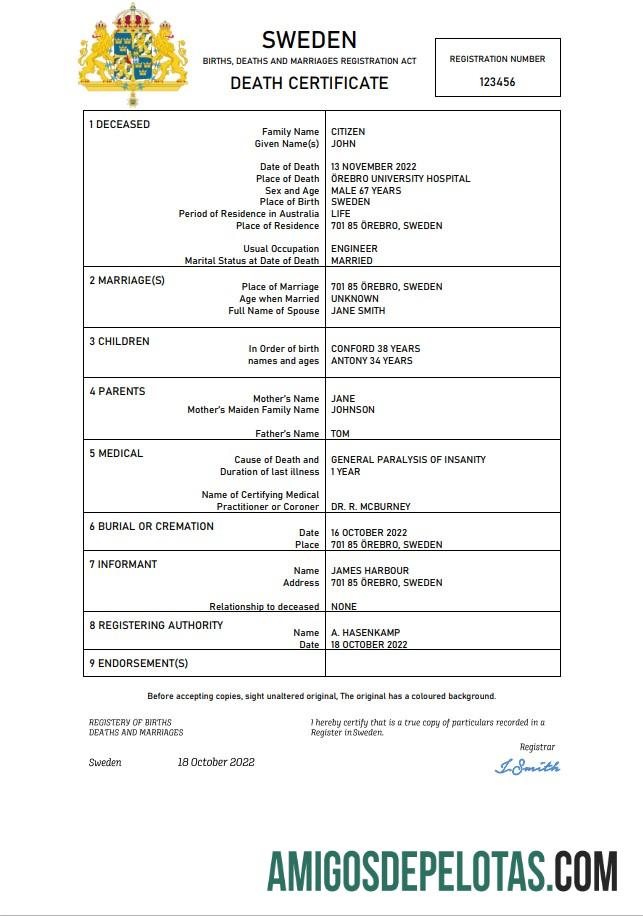 Realista modelo Word e PDF de certidão de óbito de registro vital da Suécia